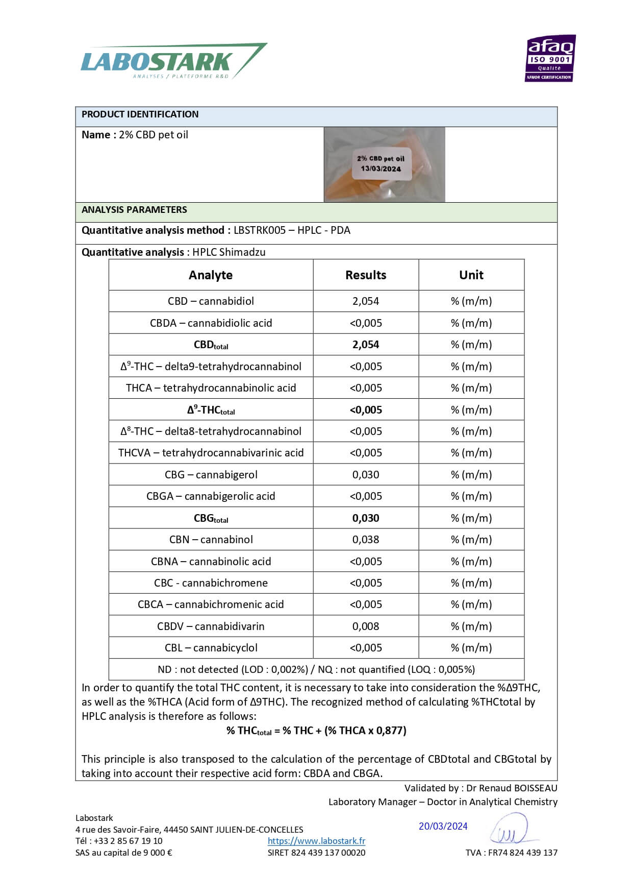 CBD Oil 30ml for Animals Certificate of Analysis